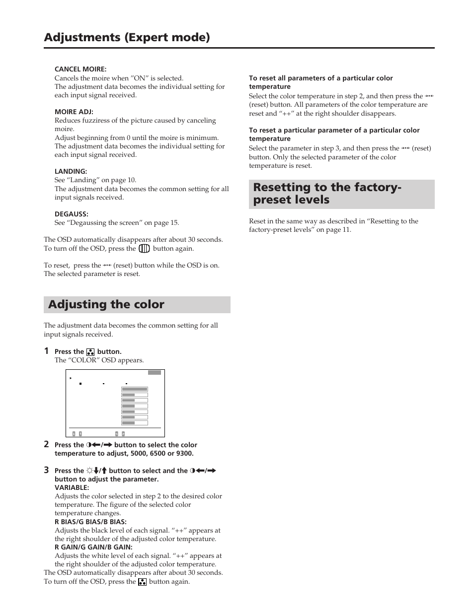 Adjusting the color, Resetting to the factory- preset levels, Adjustments (expert mode) | Sony GDM-90W01T User Manual | Page 14 / 91