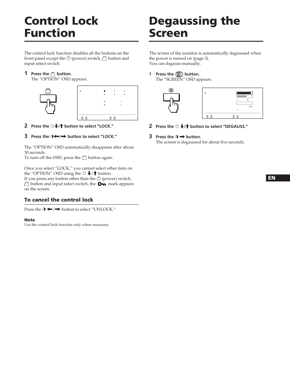 Control lock function, Degaussing the screen | Sony GDM-90W01T User Manual | Page 15 / 91