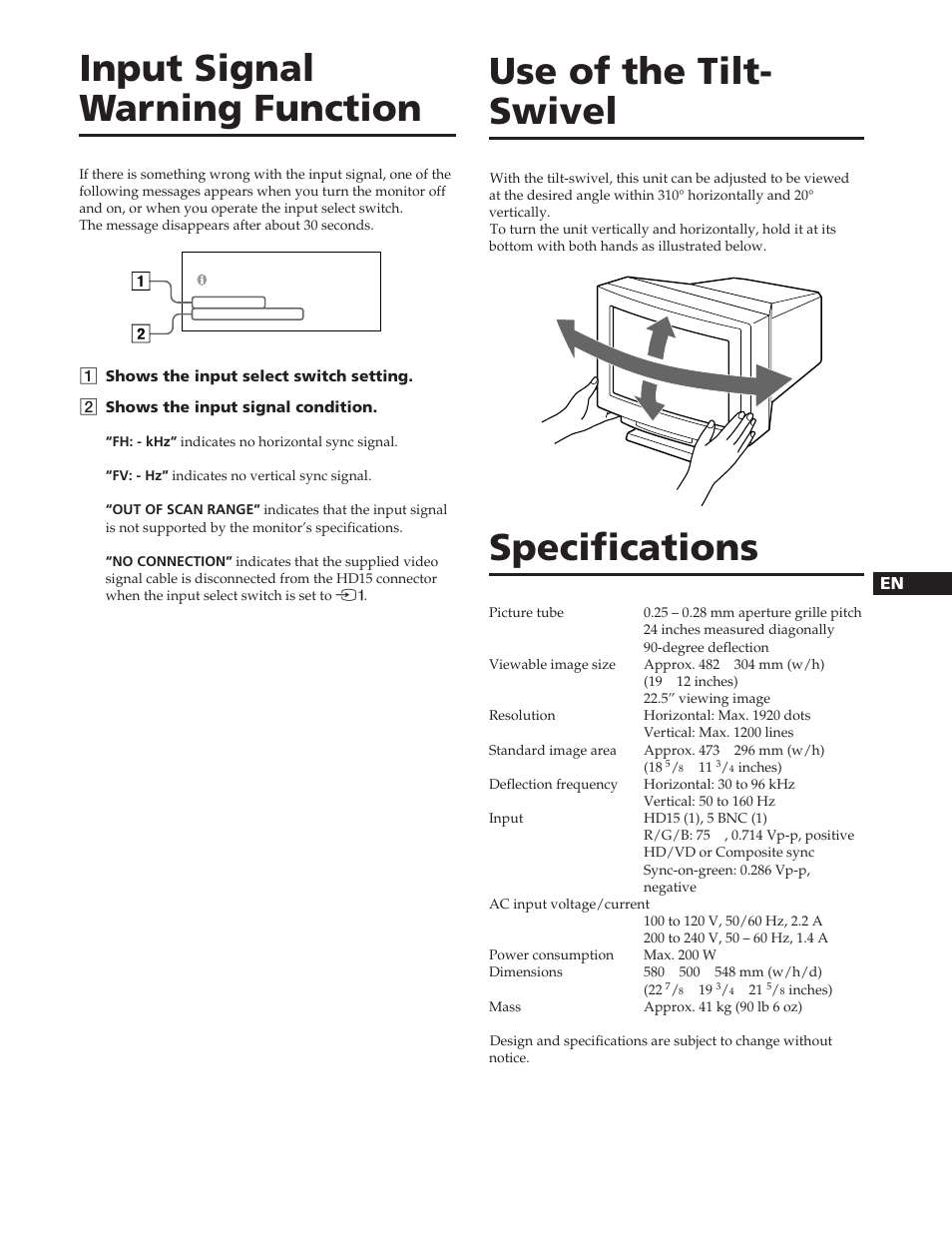 Input signal warning function, Use of the tilt- swivel, Specifications | Sony GDM-90W01T User Manual | Page 17 / 91