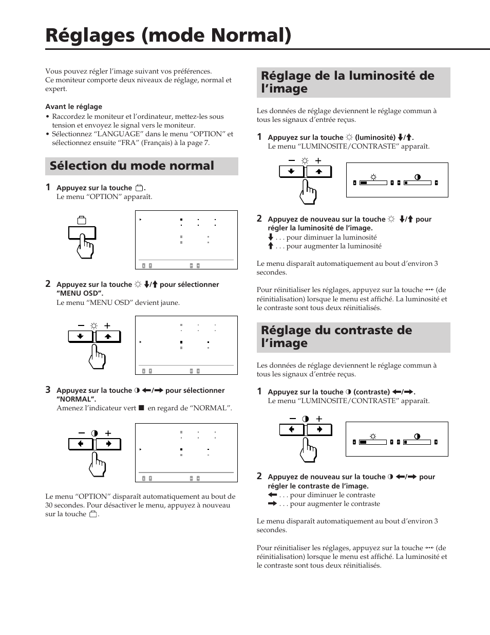 Réglages (mode normal), Réglage de la luminosité de l’image, Réglage du contraste de l’image | Sélection du mode normal | Sony GDM-90W01T User Manual | Page 26 / 91