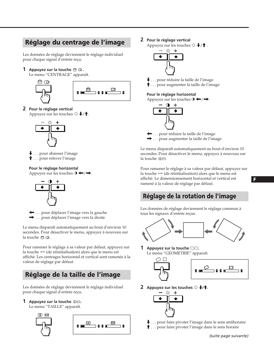 Réglage de la rotation de l’image, Réglage du centrage de l’image, Réglage de la taille de l’image | Sony GDM-90W01T User Manual | Page 27 / 91