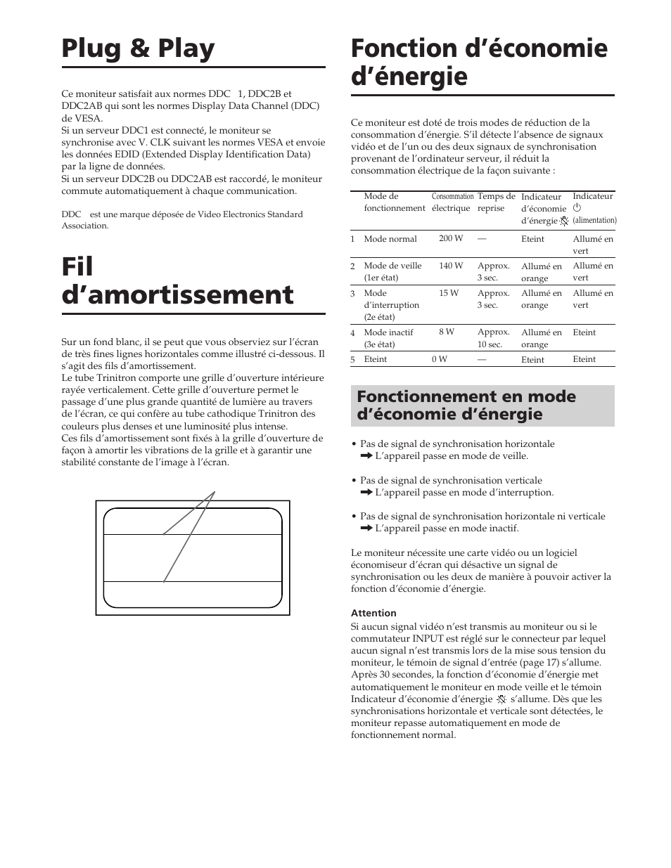 Plug & play, Fil d’amortissement, Fonction d’économie d’énergie | Fonctionnement en mode d’économie d’énergie | Sony GDM-90W01T User Manual | Page 34 / 91