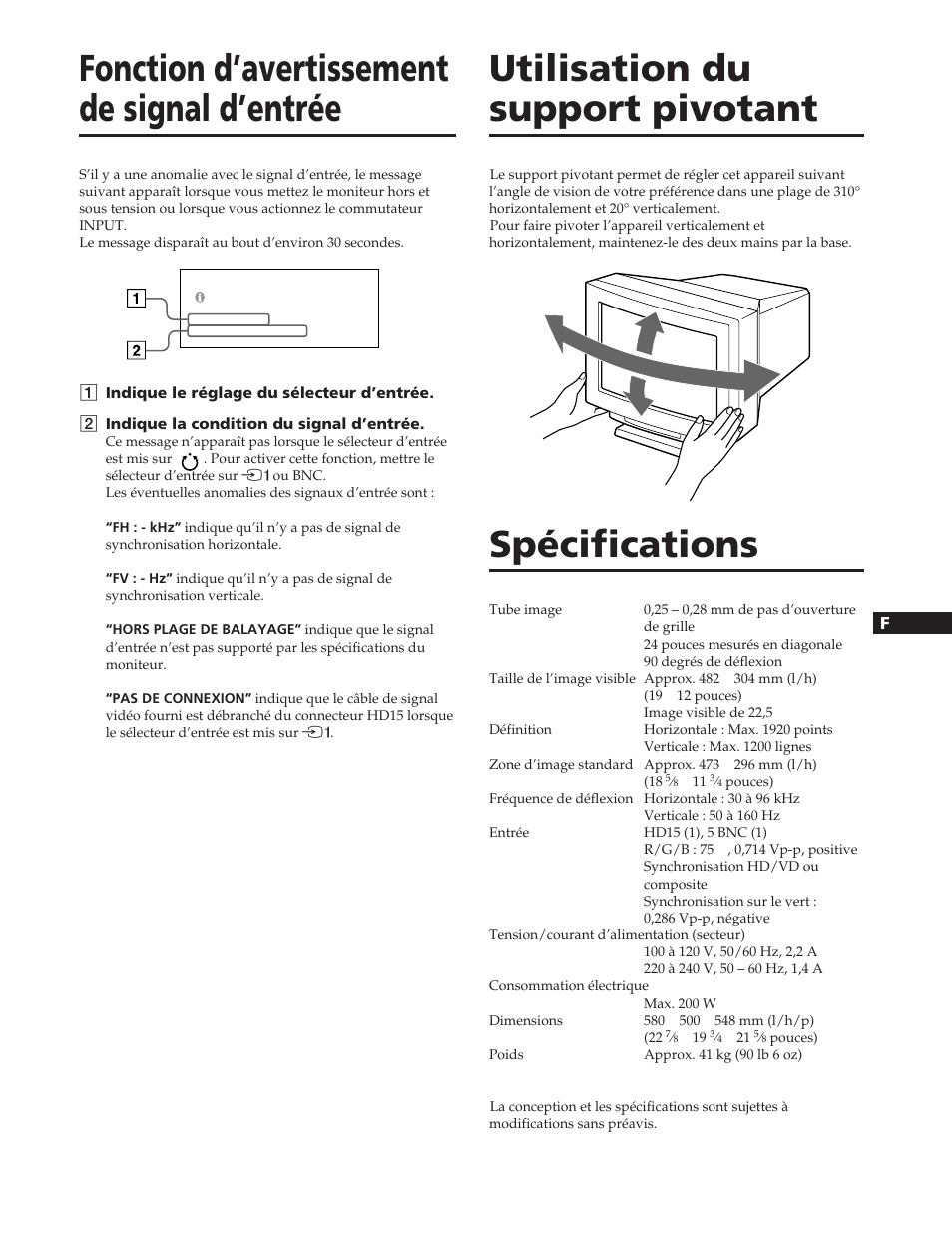 Fonction d’avertissement de signal d’entrée, Utilisation du support pivotant, Spécifications | Sony GDM-90W01T User Manual | Page 35 / 91