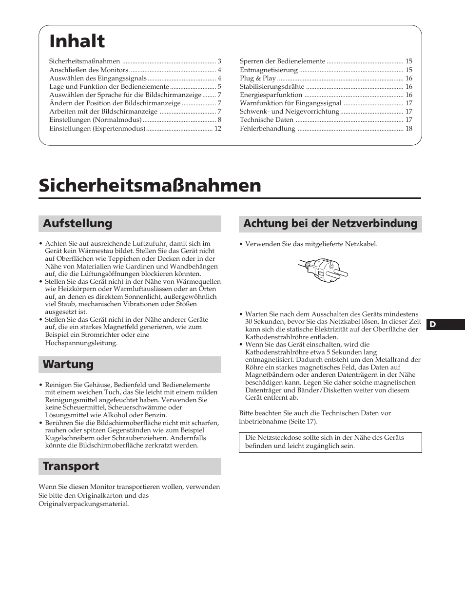 Inhalt, Sicherheitsmaßnahmen, Achtung bei der netzverbindung | Aufstellung, Wartung, Transport | Sony GDM-90W01T User Manual | Page 39 / 91