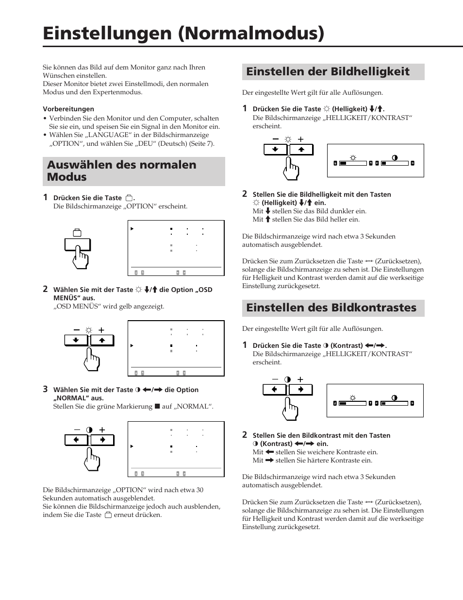 Einstellungen (normalmodus), Auswählen des normalen modus, Einstellen der bildhelligkeit | Einstellen des bildkontrastes | Sony GDM-90W01T User Manual | Page 44 / 91