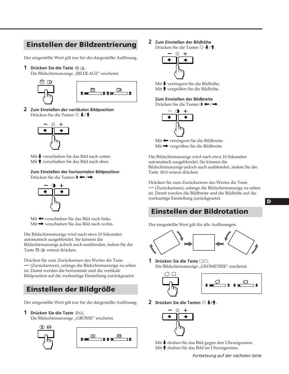 Einstellen der bildzentrierung, Einstellen der bildgröße, Einstellen der bildrotation | Sony GDM-90W01T User Manual | Page 45 / 91