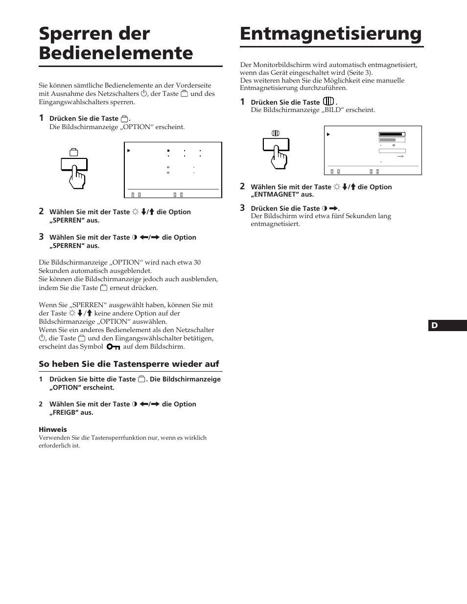 Sperren der bedienelemente, Entmagnetisierung | Sony GDM-90W01T User Manual | Page 51 / 91