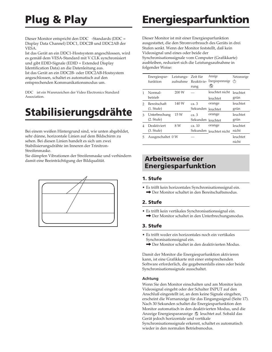Plug & play, Stabilisierungsdrähte, Energiesparfunktion | Arbeitsweise der energiesparfunktion | Sony GDM-90W01T User Manual | Page 52 / 91