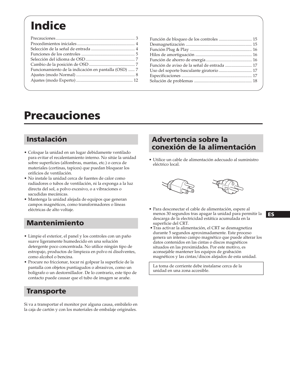 Indice, Precauciones, Instalación | Mantenimiento, Transporte, Advertencia sobre la conexión de la alimentación | Sony GDM-90W01T User Manual | Page 57 / 91