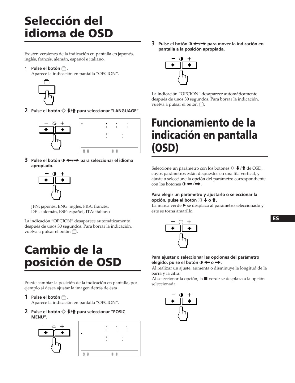 Selección del idioma de osd, Cambio de la posición de osd, Funcionamiento de la indicación en pantalla (osd) | Sony GDM-90W01T User Manual | Page 61 / 91