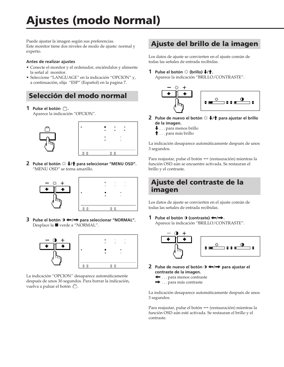 Ajustes (modo normal), Selección del modo normal, Ajuste del brillo de la imagen | Ajuste del contraste de la imagen | Sony GDM-90W01T User Manual | Page 62 / 91