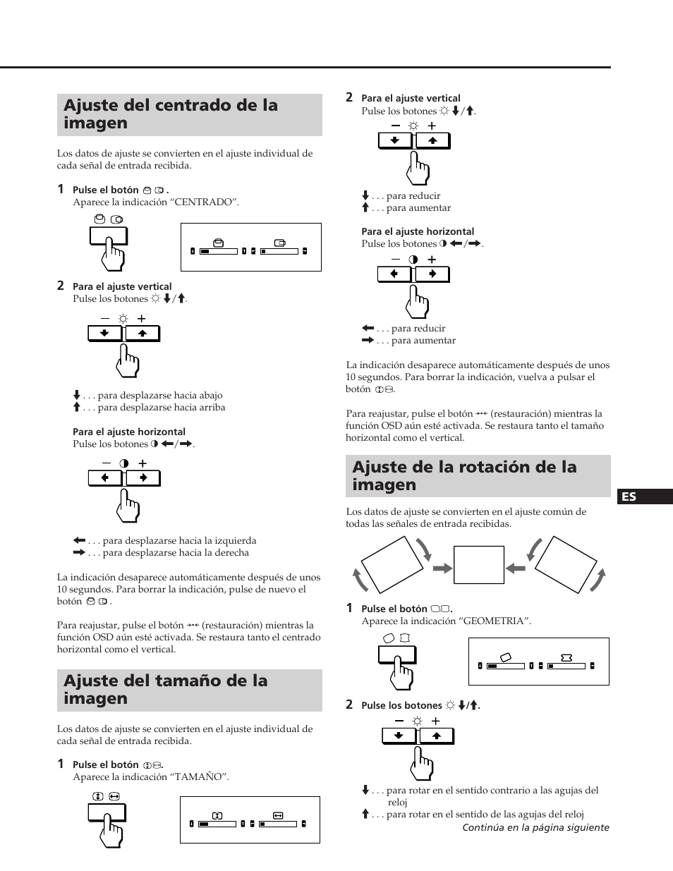 Ajuste del centrado de la imagen, Ajuste del tamaño de la imagen, Ajuste de la rotación de la imagen | Sony GDM-90W01T User Manual | Page 63 / 91