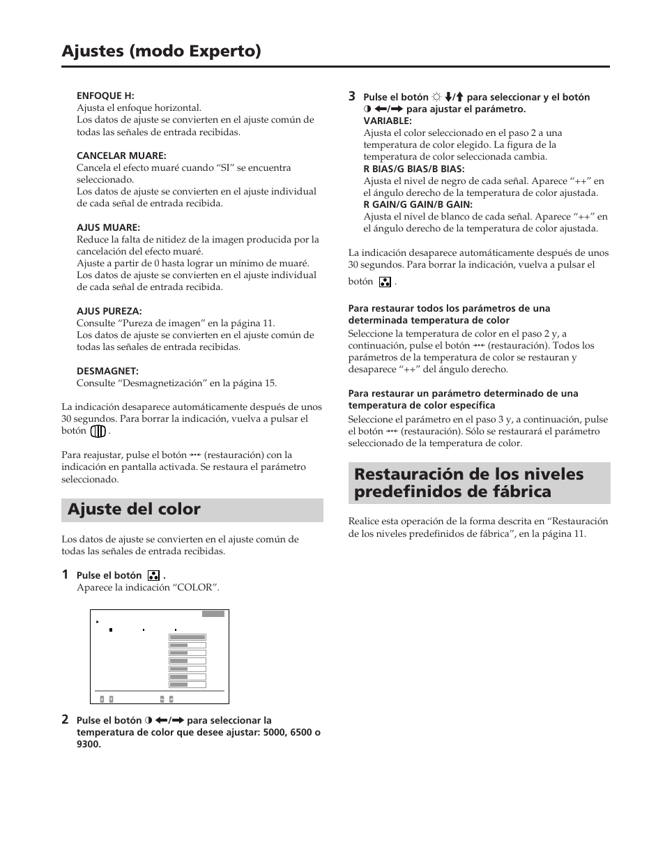 Ajustes (modo experto), Ajuste del color | Sony GDM-90W01T User Manual | Page 68 / 91