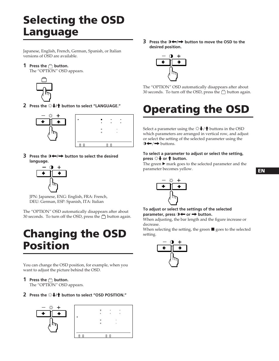 Selecting the osd language, Changing the osd position, Operating the osd | Sony GDM-90W01T User Manual | Page 7 / 91