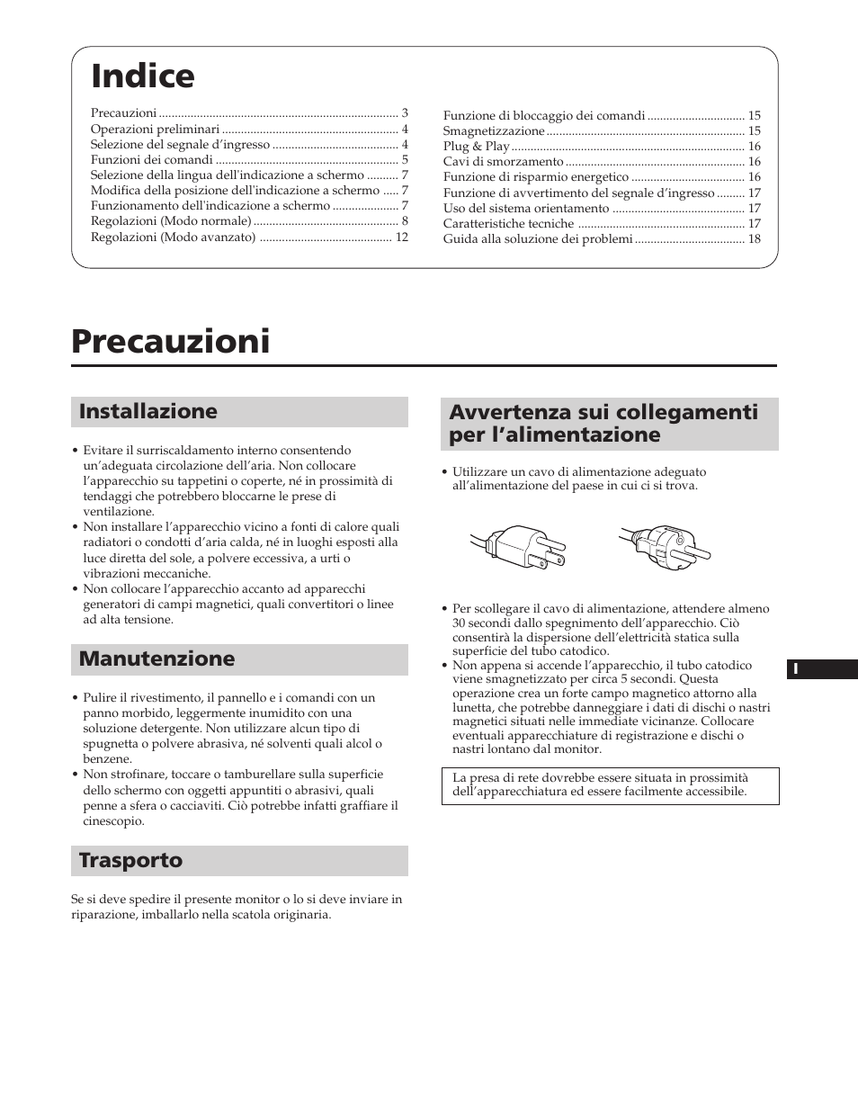 Indice, Precauzioni, Avvertenza sui collegamenti per l’alimentazione | Installazione, Manutenzione, Trasporto | Sony GDM-90W01T User Manual | Page 75 / 91