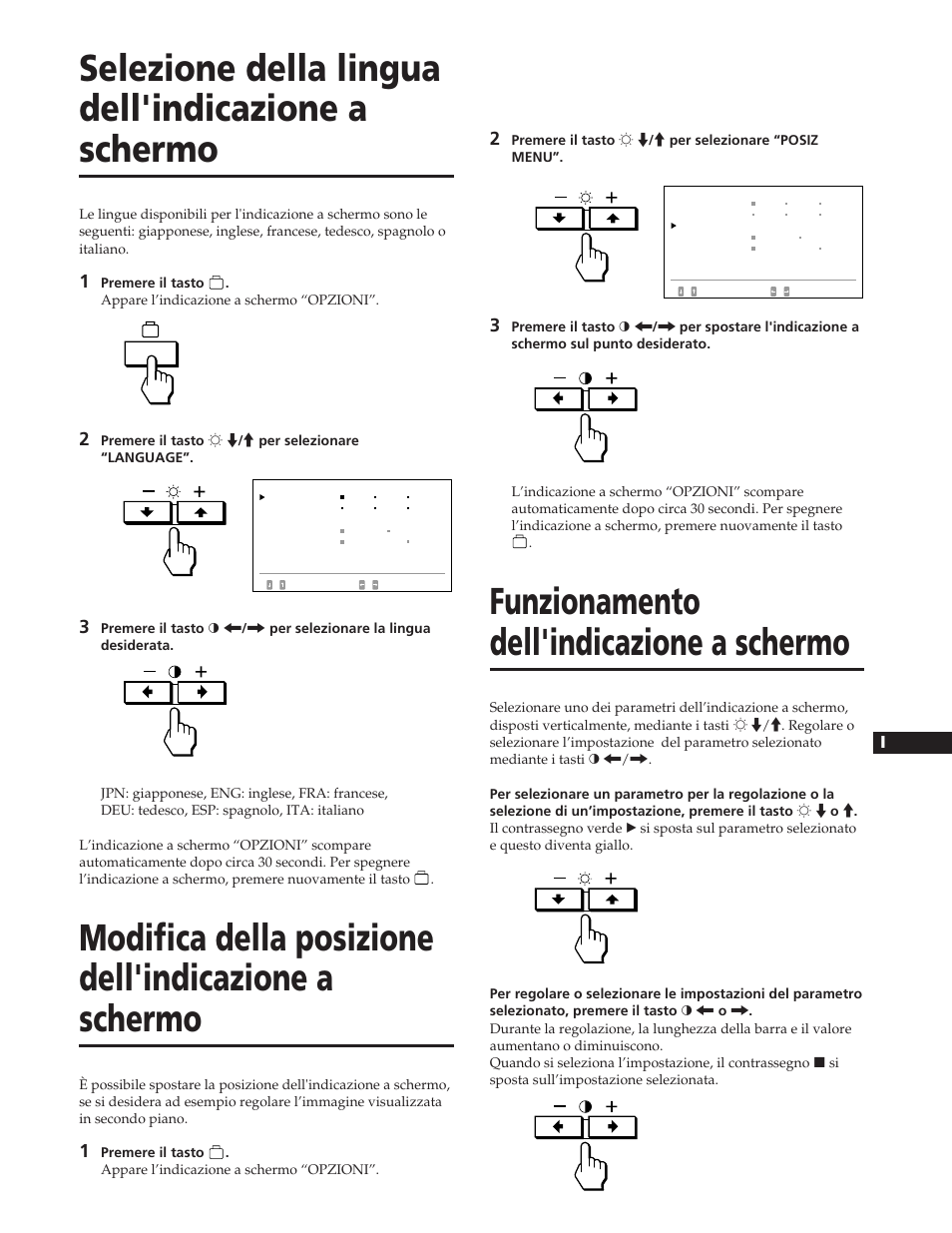 Selezione della lingua dell'indicazione a schermo, Funzionamento dell'indicazione a schermo | Sony GDM-90W01T User Manual | Page 79 / 91