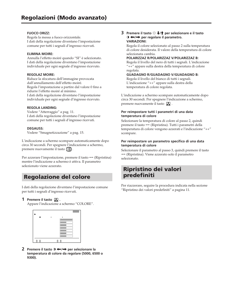 Regolazioni (modo avanzato), Regolazione del colore, Ripristino dei valori predefiniti | Sony GDM-90W01T User Manual | Page 86 / 91