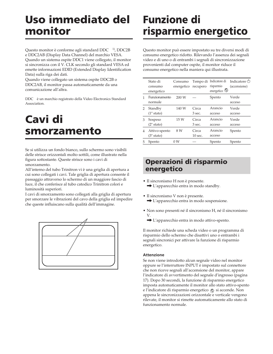 Uso immediato del monitor, Cavi di smorzamento, Funzione di risparmio energetico | Operazioni di risparmio energetico | Sony GDM-90W01T User Manual | Page 88 / 91