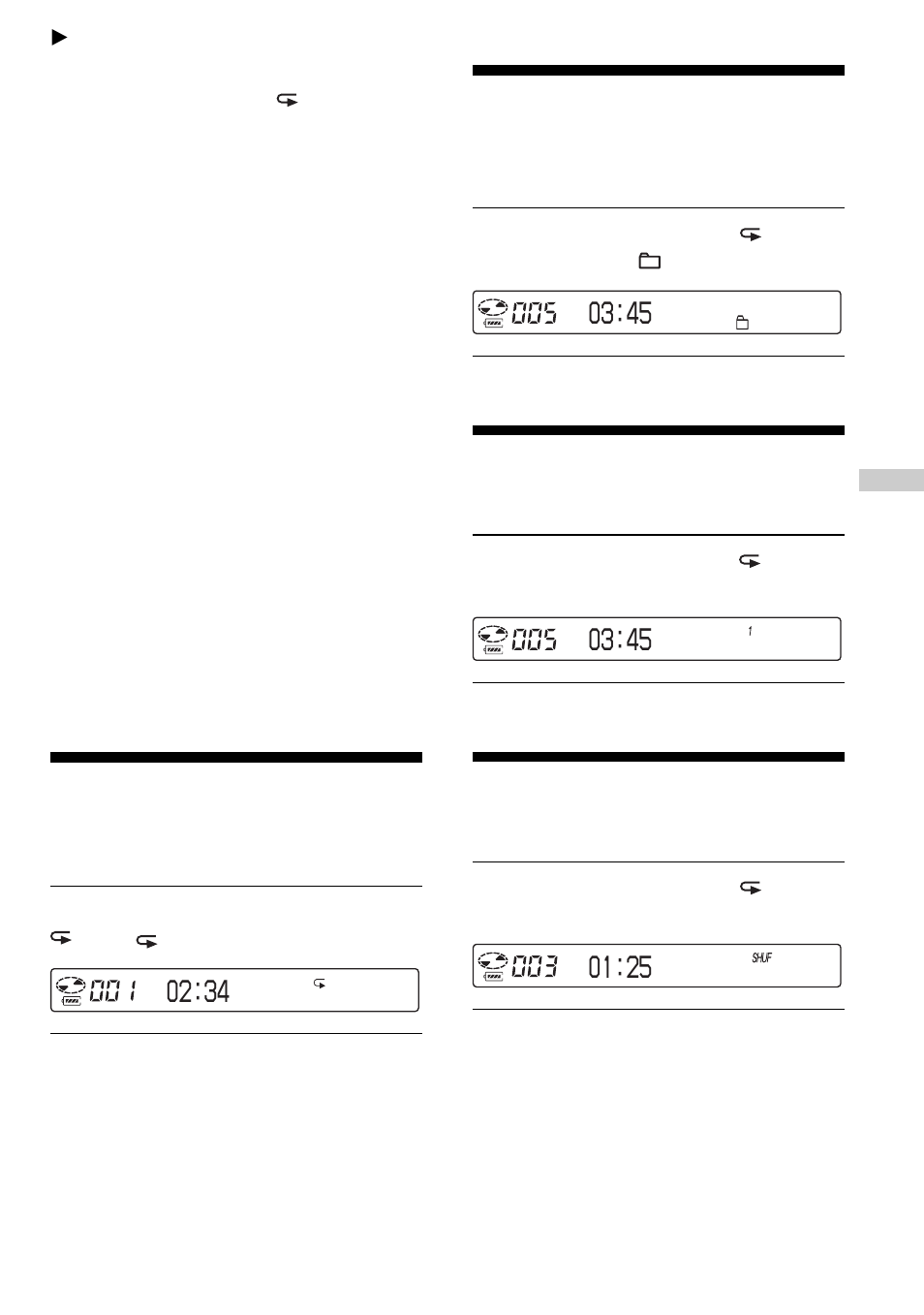 Playback options, Playing tracks repeatedly (repeat play), Playing a single track (single play) | Playing tracks in random order (shuffle play), Playing tracks repeatedly, 34 playing all files in a selected group, 45 playing a single track, 45 playing tracks in random order | Sony Atrac3/MP3 CD Walkman D-NE10 User Manual | Page 17 / 40