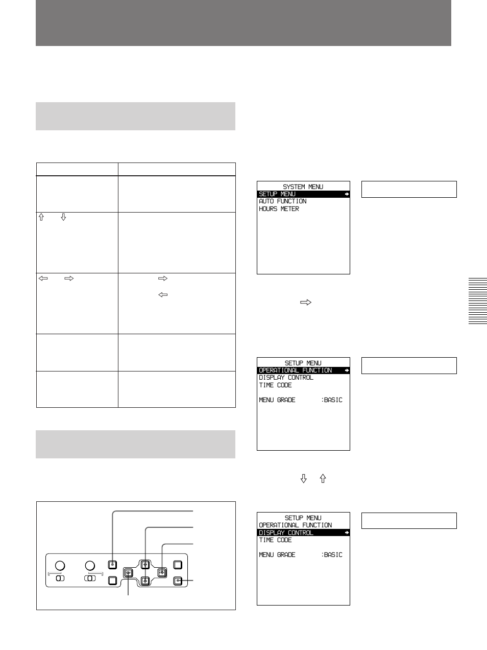 Changing menu settings, Buttons used to change settings, Changing the settings of basic items | Setup menu, Operational, Display | Sony DSR-85 User Manual | Page 51 / 88