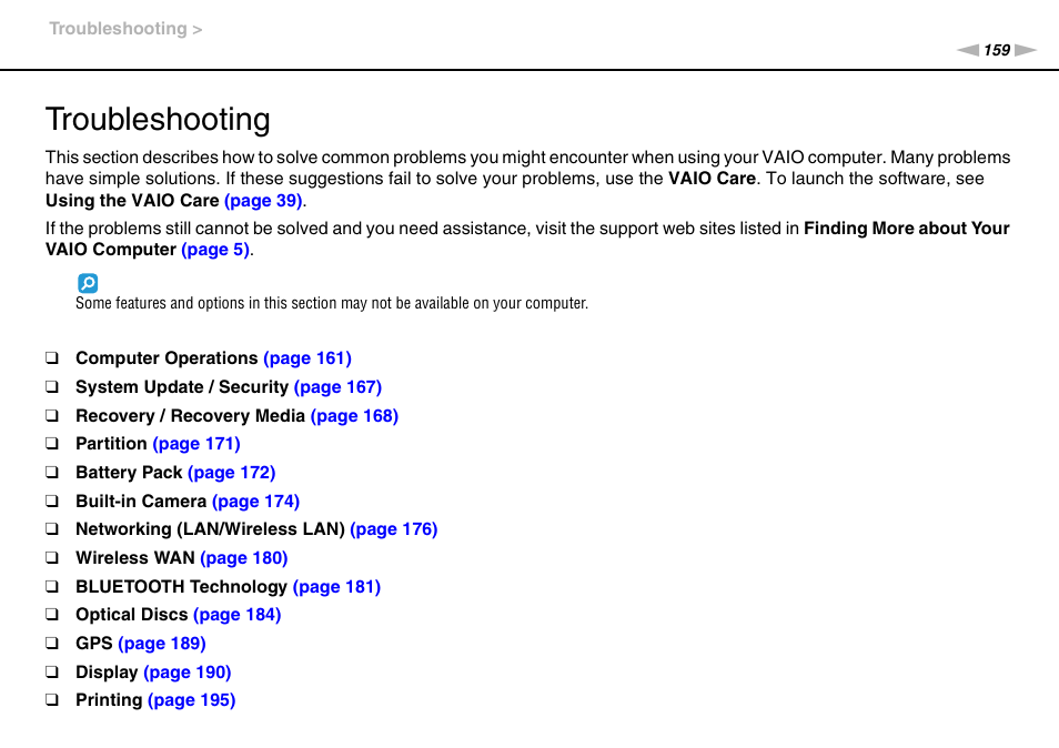 Troubleshooting | Sony VPCSA Series User Manual | Page 159 / 210