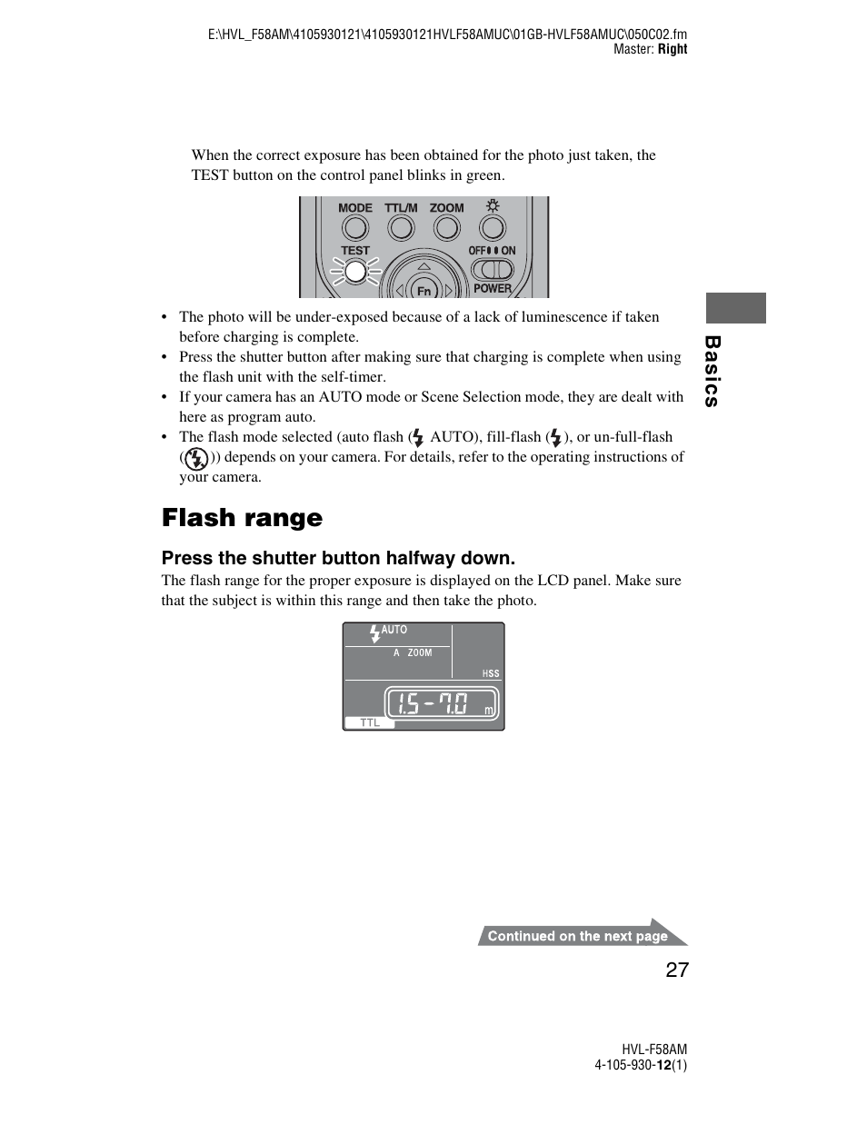 Flash range, Ba sic s 27 | Sony 4-105-930-12(1) User Manual | Page 27 / 88