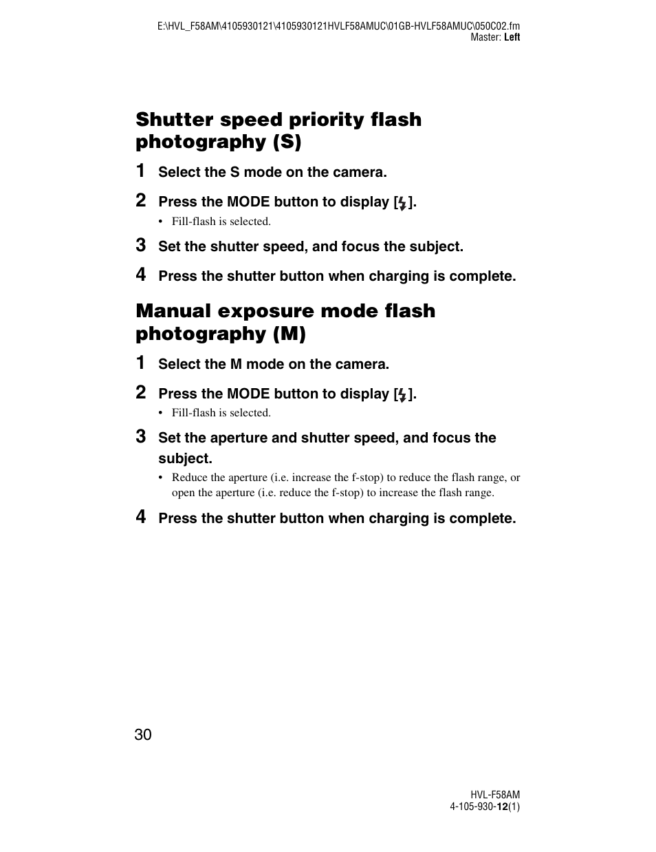 Shutter speed priority flash photography (s) 1, Manual exposure mode flash photography (m) 1 | Sony 4-105-930-12(1) User Manual | Page 30 / 88
