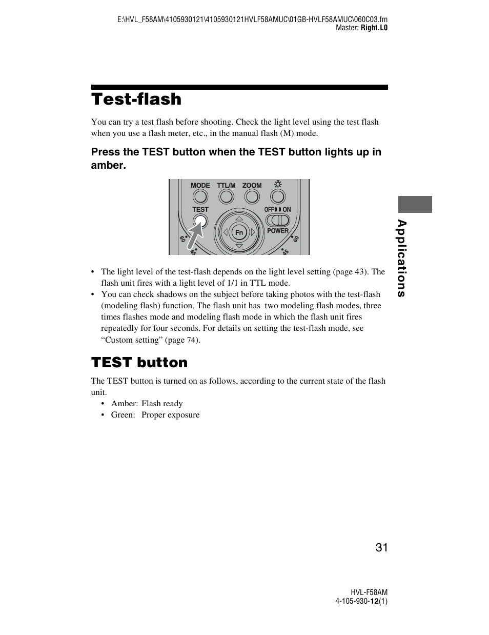 Applications, Test-flash, Test button | Sony 4-105-930-12(1) User Manual | Page 31 / 88
