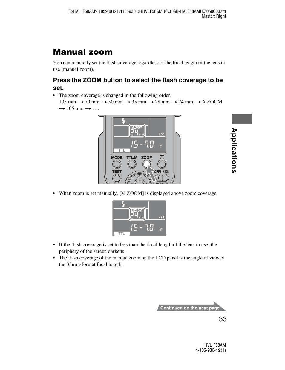 Manual zoom, Applic a ti ons 33 | Sony 4-105-930-12(1) User Manual | Page 33 / 88