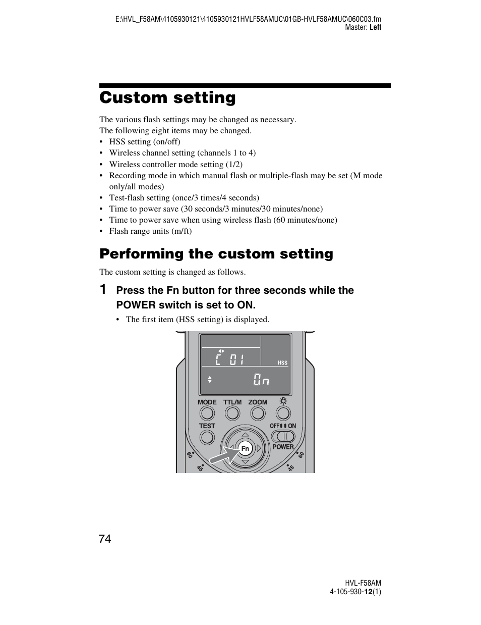 Custom setting, Performing the custom setting | Sony 4-105-930-12(1) User Manual | Page 74 / 88