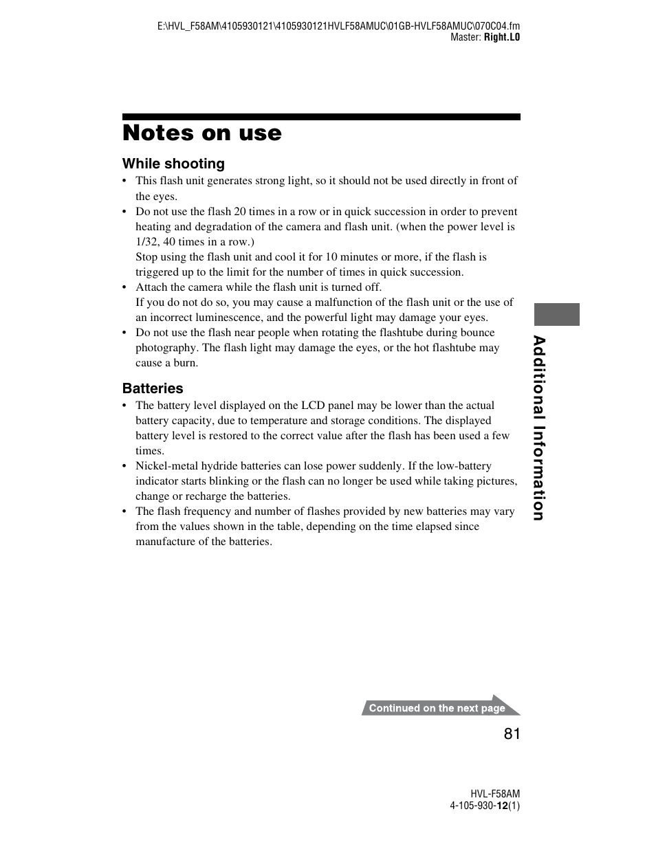 Additional information, Notes on use | Sony 4-105-930-12(1) User Manual | Page 81 / 88