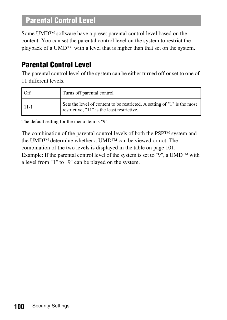 Parental control level | Sony PSP-1006 K User Manual | Page 100 / 268