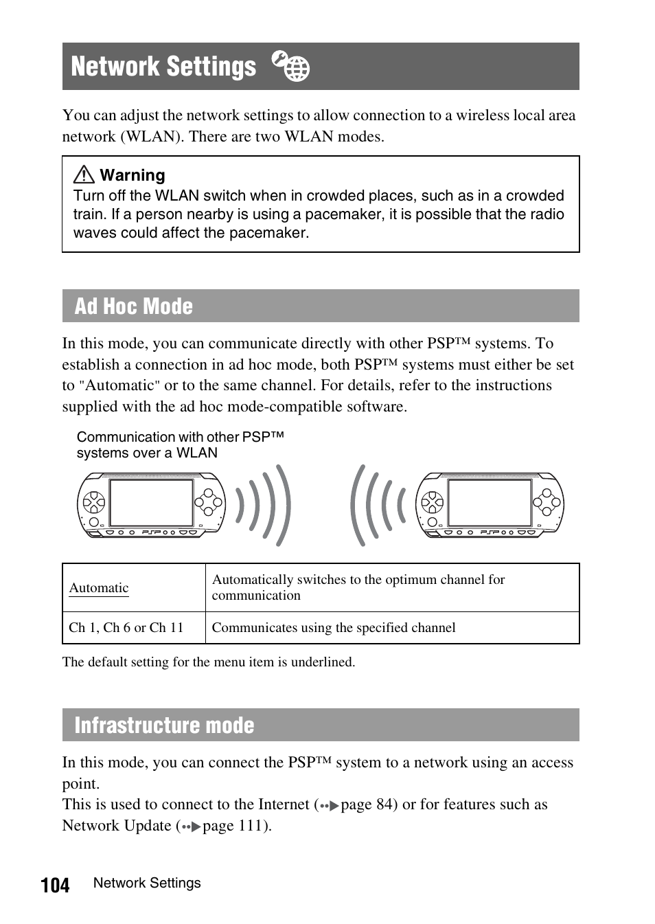Network settings, Ad hoc mode, Infrastructure mode | Sony PSP-1006 K User Manual | Page 104 / 268