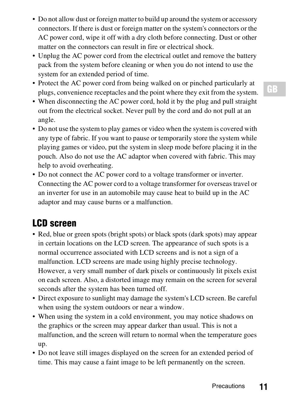 Lcd screen | Sony PSP-1006 K User Manual | Page 11 / 268