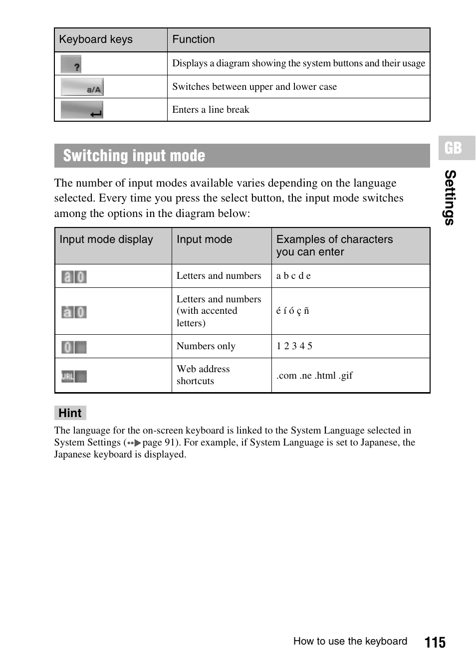 Switching input mode, 115 settin g s | Sony PSP-1006 K User Manual | Page 115 / 268
