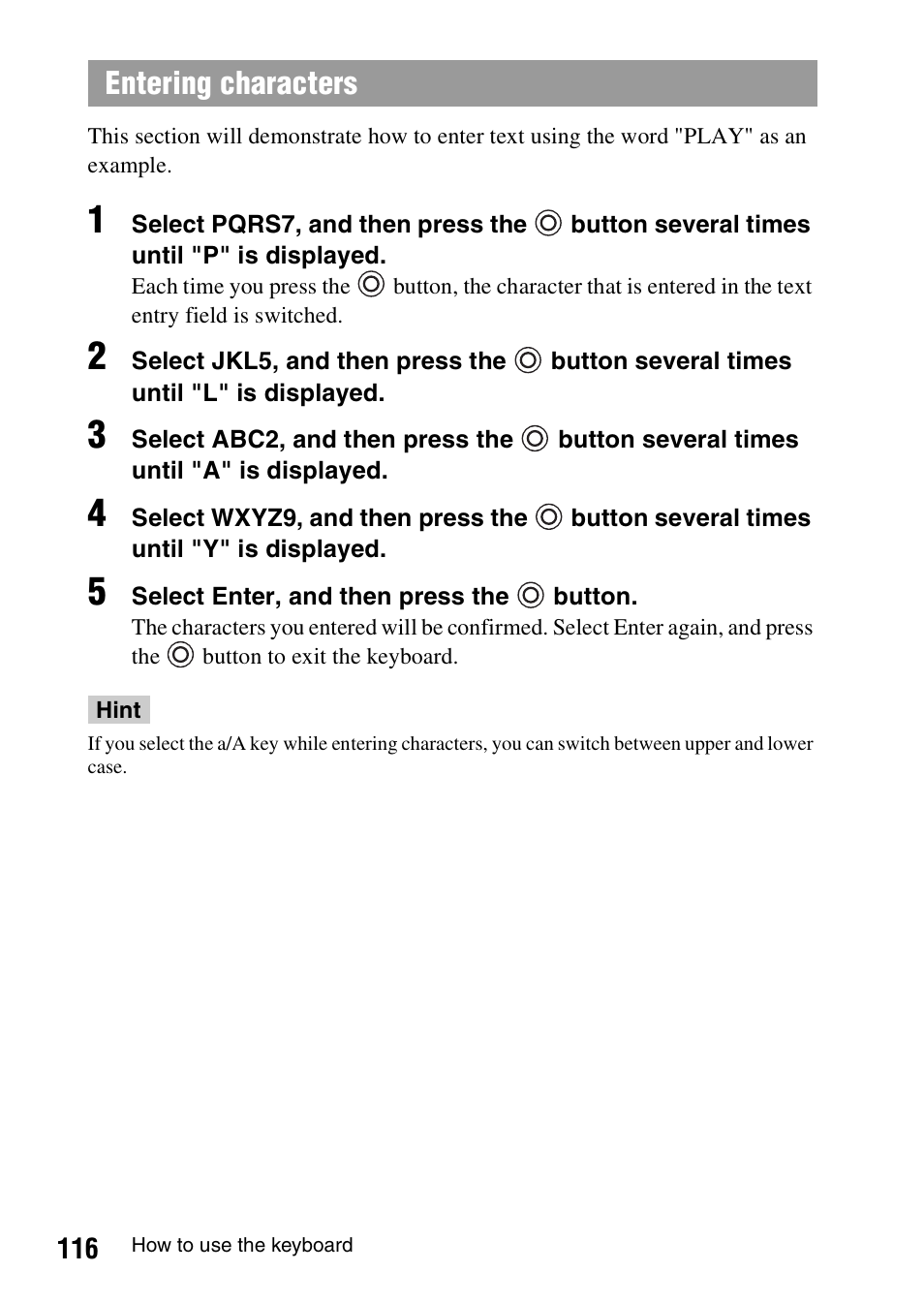Entering characters | Sony PSP-1006 K User Manual | Page 116 / 268