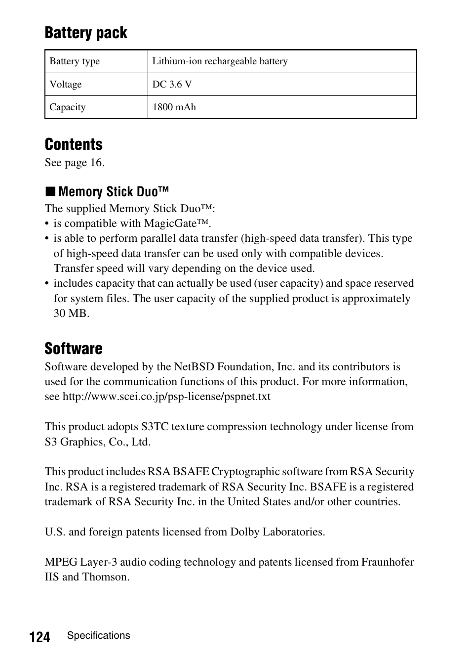 Battery pack contents, Software | Sony PSP-1006 K User Manual | Page 124 / 268