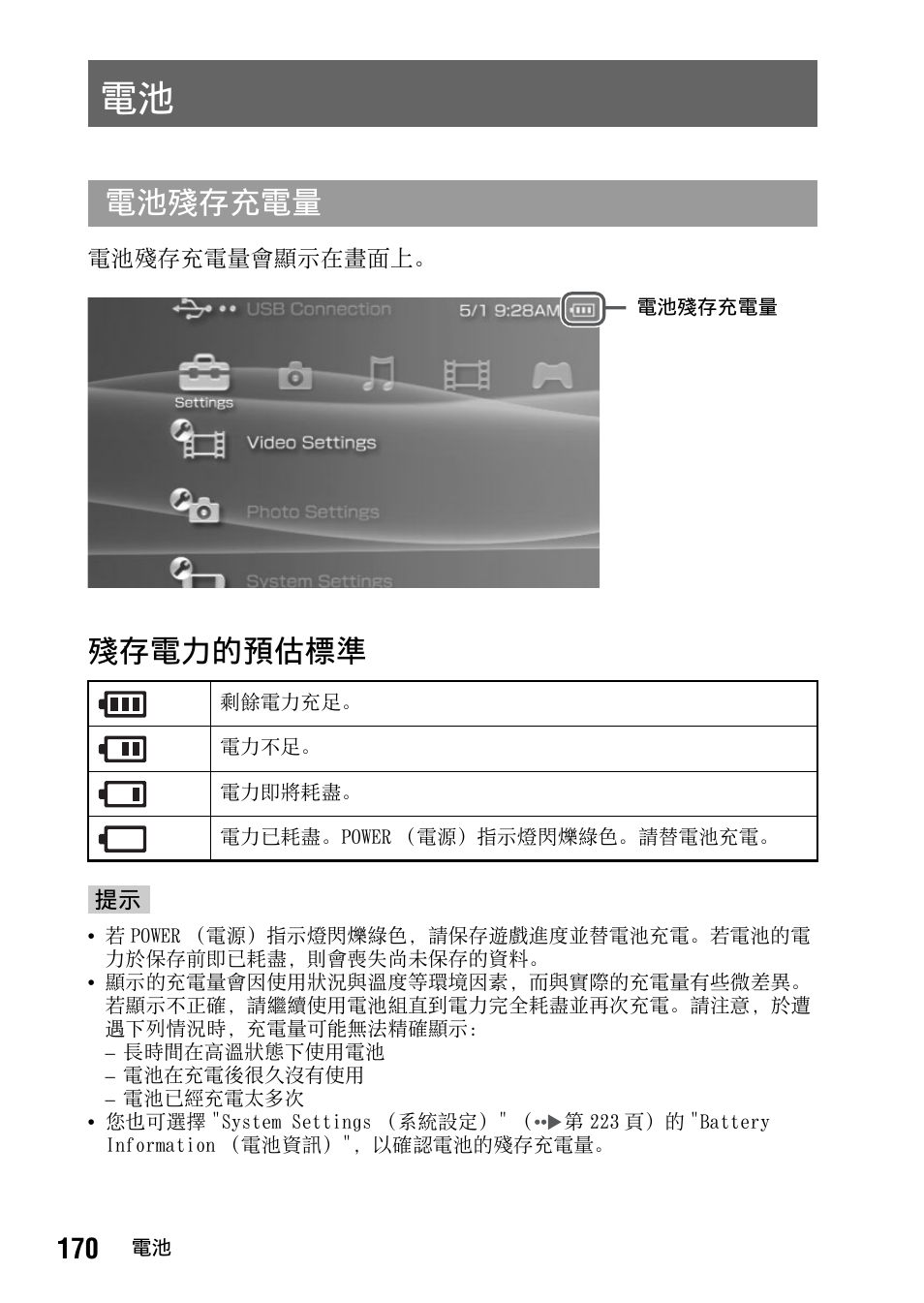 第 170 頁, 殘存電力的預估標準, 電池殘存充電量 | Sony PSP-1006 K User Manual | Page 170 / 268