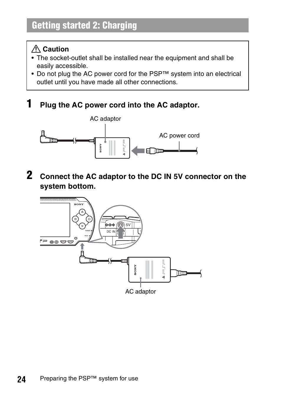 Getting started 2: charging, Plug the ac power cord into the ac adaptor, Caution | Sony PSP-1006 K User Manual | Page 24 / 268