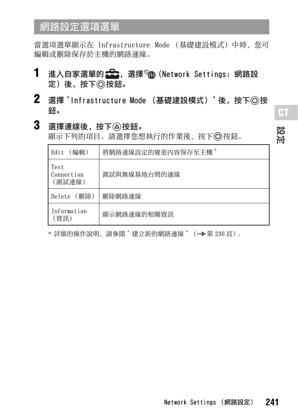 網路設定選項選單, 241 設定 | Sony PSP-1006 K User Manual | Page 241 / 268