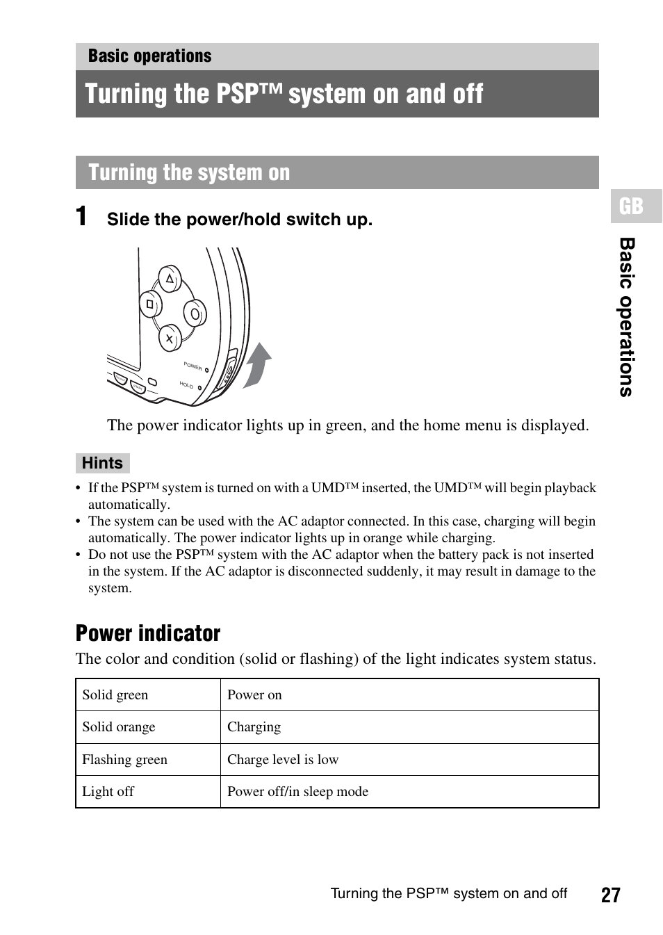Basic operations, Turning the psp™ system on and off, Power indicator | Turning the system on, 27 b asi c op er atio ns | Sony PSP-1006 K User Manual | Page 27 / 268