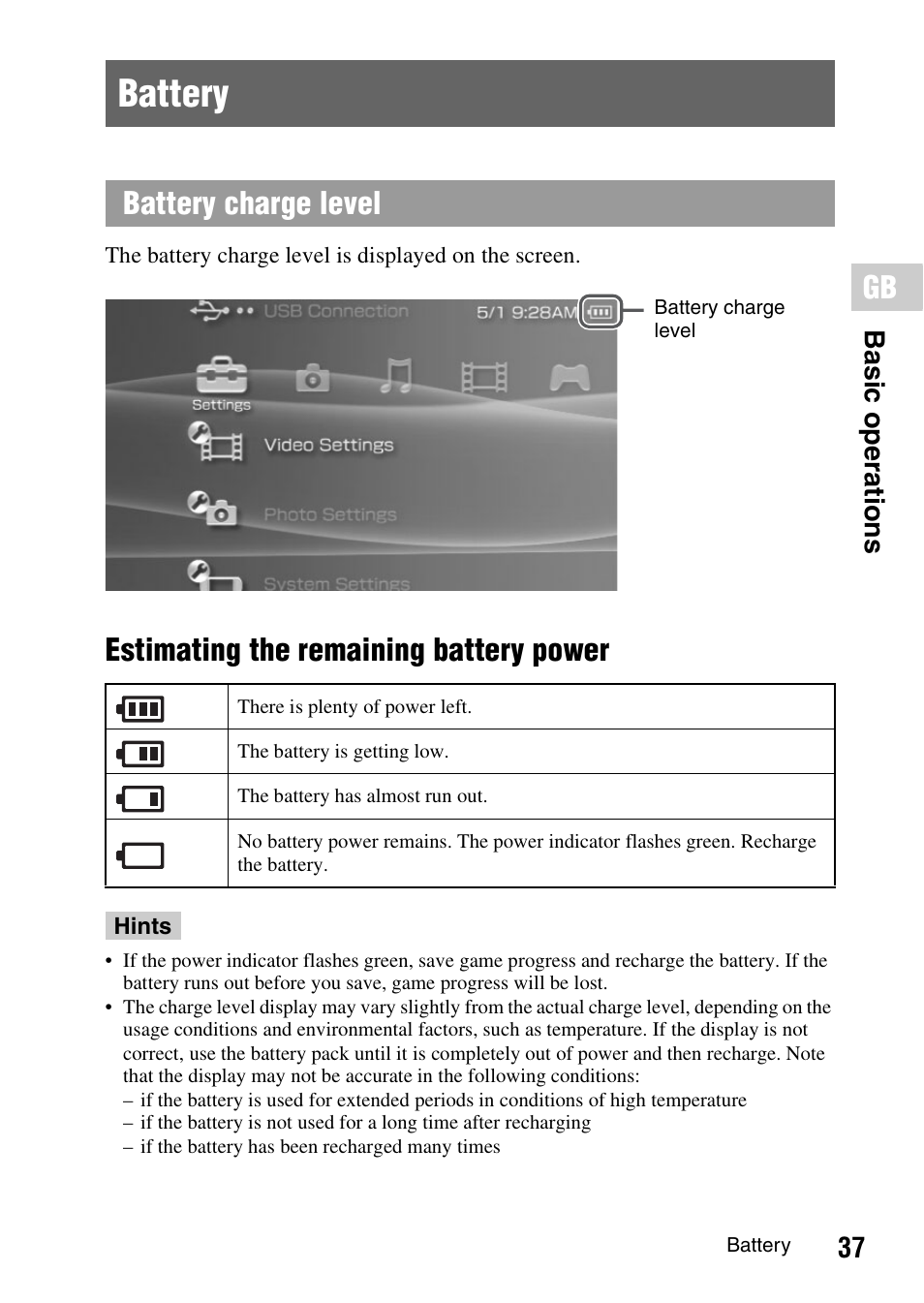 Battery, Estimating the remaining battery power, Battery charge level | 37 b asi c op er atio ns | Sony PSP-1006 K User Manual | Page 37 / 268