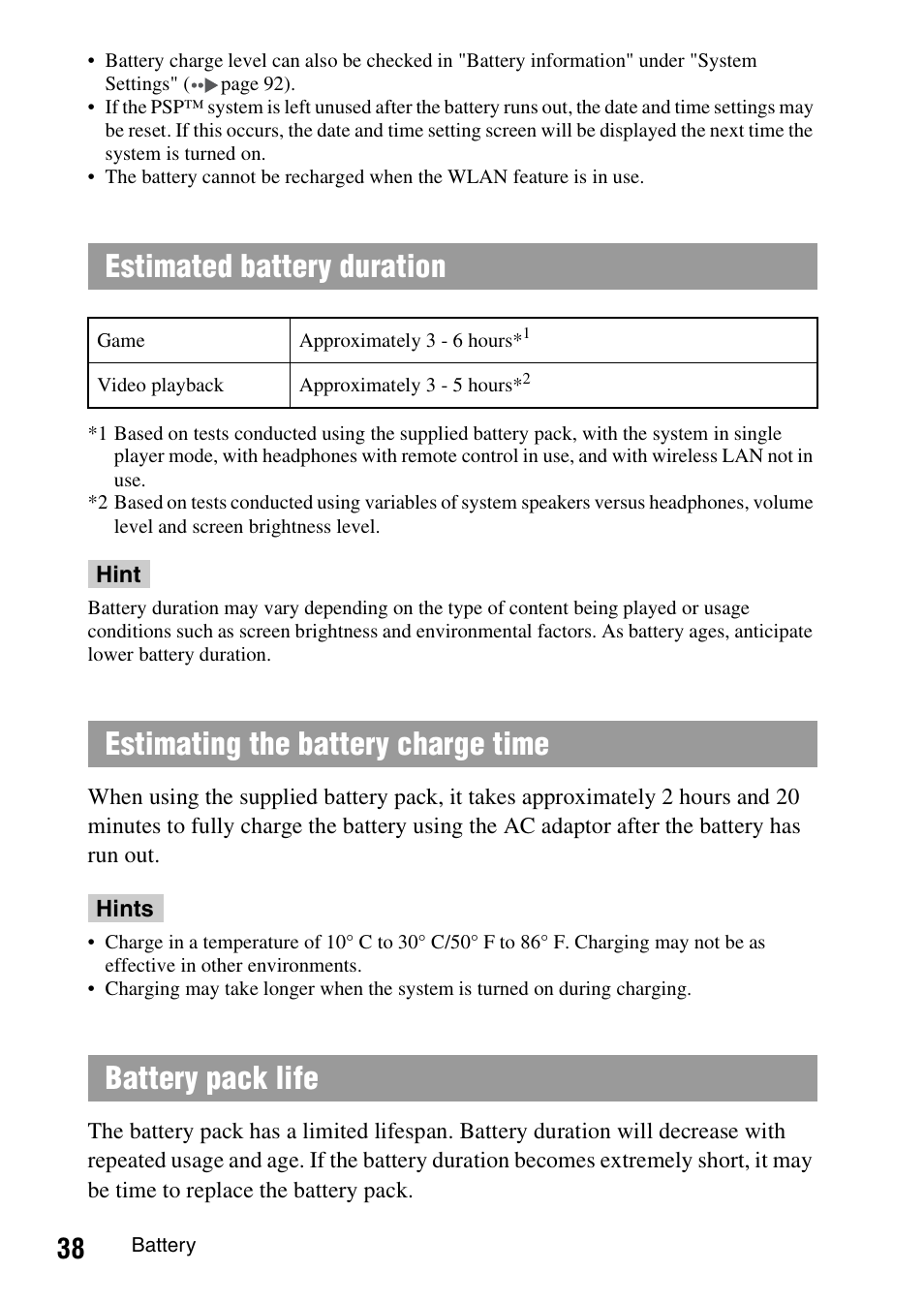 Estimated battery duration | Sony PSP-1006 K User Manual | Page 38 / 268