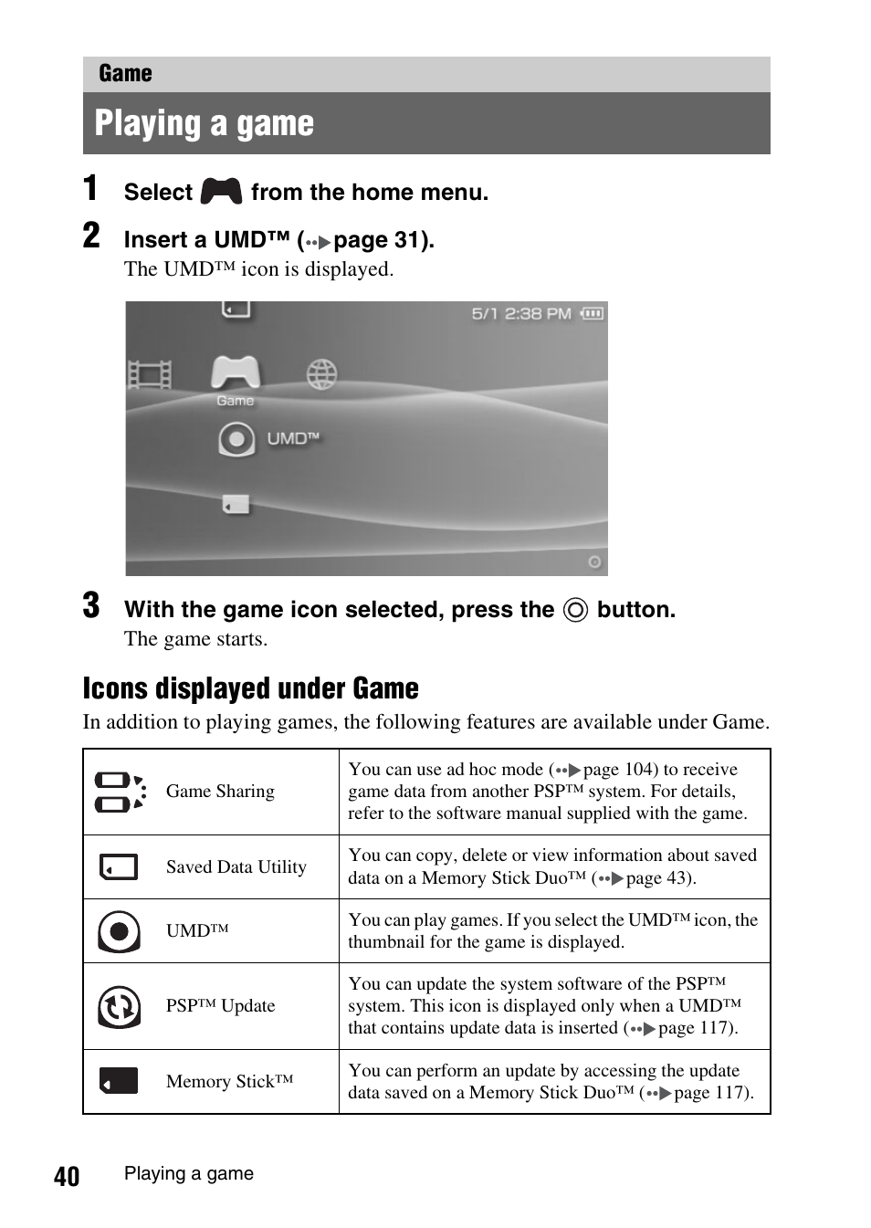 Game, Playing a game, Icons displayed under game | Sony PSP-1006 K User Manual | Page 40 / 268