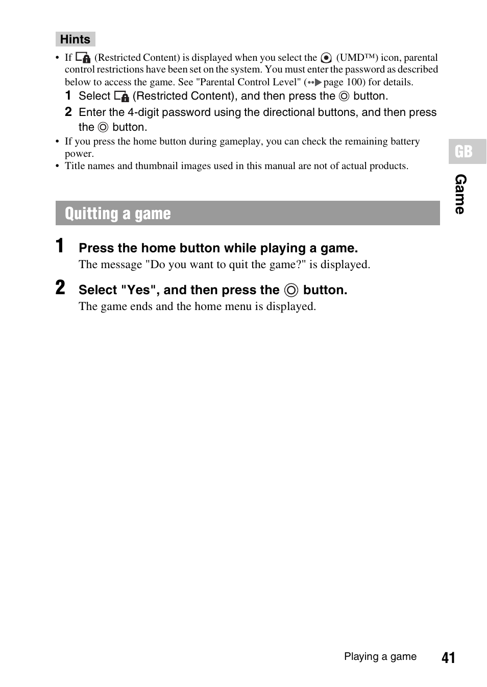 Quitting a game, 41 ga me | Sony PSP-1006 K User Manual | Page 41 / 268