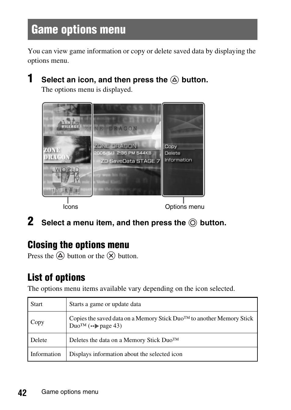 Game options menu, Closing the options menu, List of options | Sony PSP-1006 K User Manual | Page 42 / 268