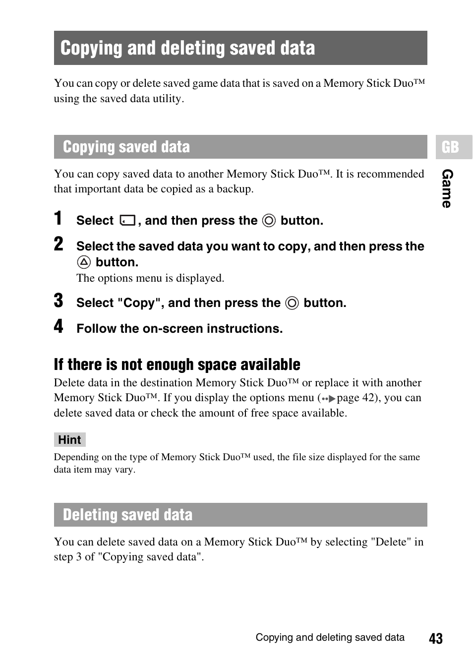 Copying and deleting saved data | Sony PSP-1006 K User Manual | Page 43 / 268