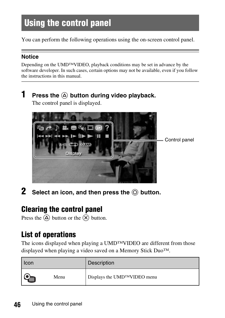 Using the control panel, Clearing the control panel, List of operations | Sony PSP-1006 K User Manual | Page 46 / 268