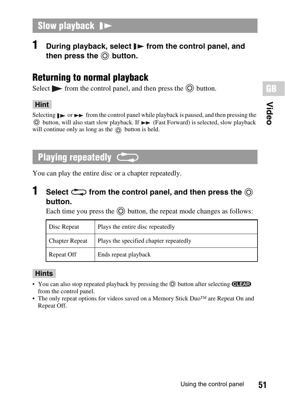 Returning to normal playback, Slow playback playing repeatedly, 51 vide o | Sony PSP-1006 K User Manual | Page 51 / 268
