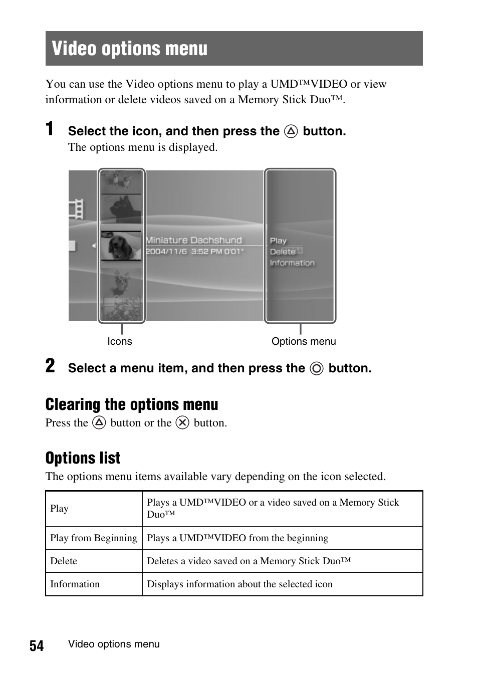 Video options menu, Clearing the options menu, Options list | Sony PSP-1006 K User Manual | Page 54 / 268
